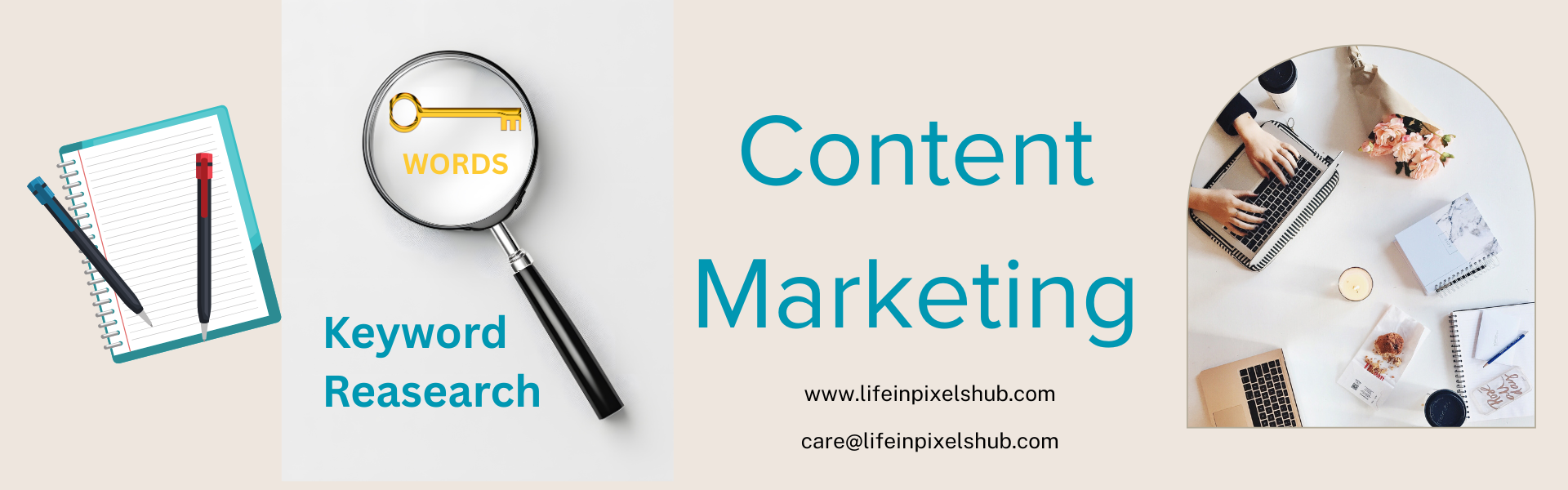 image represents content marketing and keyword research strategy for lifeinpixelshub