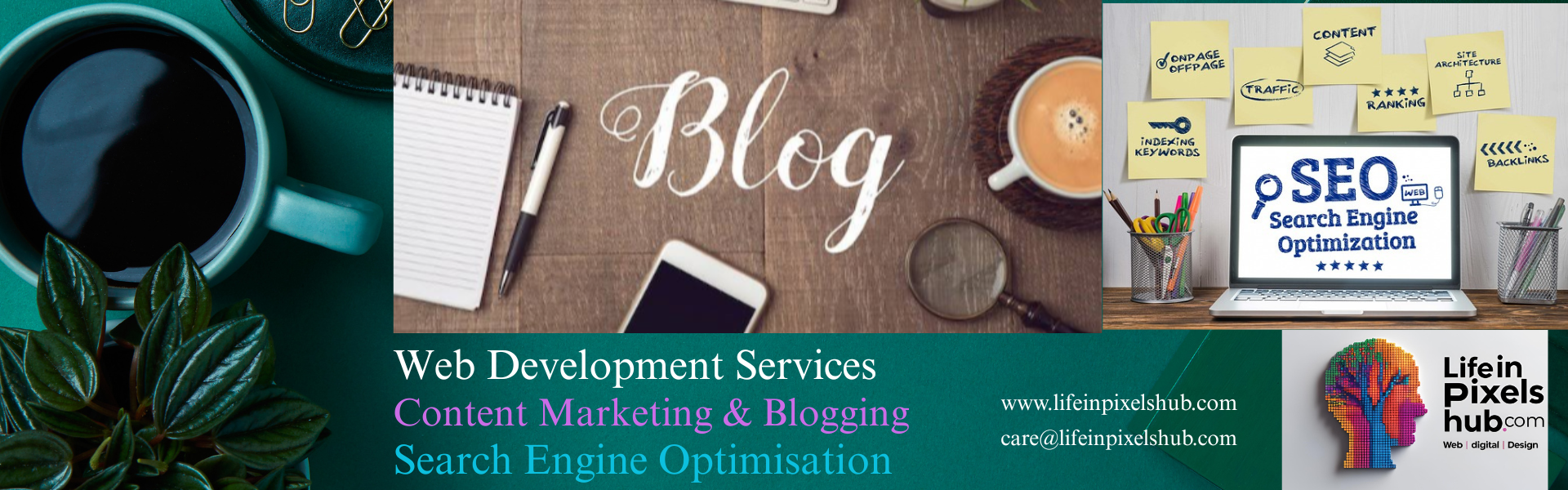 image represents content marketing and blogging, SEO and Web site development services at lifeinpixelshub