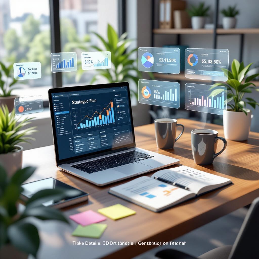 A realistic 3D desk scene in isometric perspective, featuring a laptop displaying a strategic plan, a notebook with a prioritized roadmap, sticky notes with KPIs, and a coffee mug.