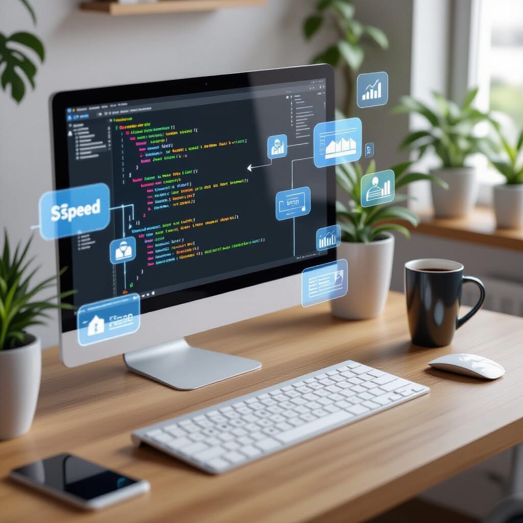 a monitor displaying code, a keyboard, and a browser featuring a highlighted SEO checklist