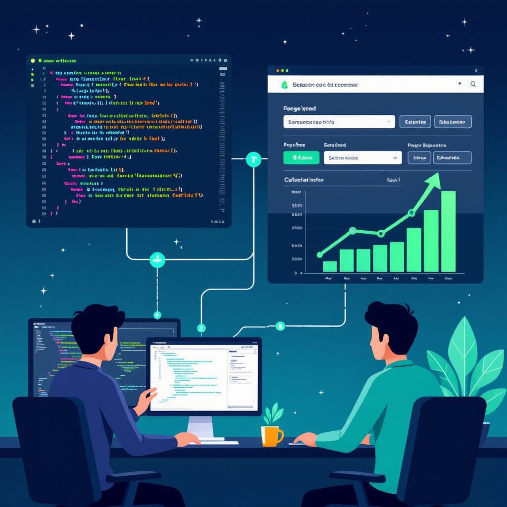 a developer coding in a dark IDE with bright teal and navy HTML tags highlighted; right side, a search results page with rich snippets and an emerald green upward-trending graph. Middle ground