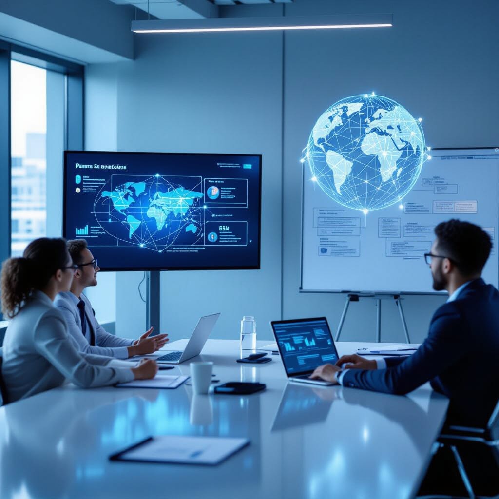 A meeting room scene with diverse professionals discussing a large screen showing fairness metrics, bias audits, and model governance dashboards, bathed in calm blue-gray lighting, creating an atmosphere of focused professionalism
