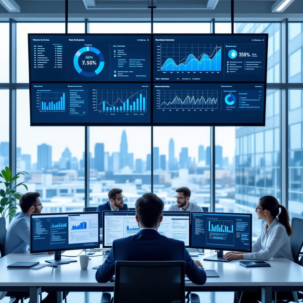 Photorealistic office scene with a large monitor displaying a multi-panel data dashboard, clean desk, natural daylight, subtle corporate color palette, high detail, 16:9 aspect ratio. Close-up of a data scientist typing code at a high-end workstation, monitor showing a neural network diagram and training metrics, shallow depth of field, cool blue-gray tones. Modern analytics lab viewed from above, multiple workstations with live dashboards, glass walls, whiteboards, city skyline, balanced composition, professional lighting. Professional meeting room with a large screen presenting fairness metrics and governance dashboards, diverse team discussing, soft ambient lighting, calm blue palette. Industrial AI factory floor with robotic arms and engineer monitoring production optimization charts, realistic lighting, minimal clutter. Medical AI scenario with clinician reviewing patient data on a tablet with AI visualization, pristine clinical environment, soft clinical lighting. All scenes in a detailed anime art style, reminiscent of WLOP and Genshin Impact's visual aesthetic on Pixiv, with incredibly fine details, breathtaking quality, 8k resolution, and advanced rendering with V-Ray tracing.