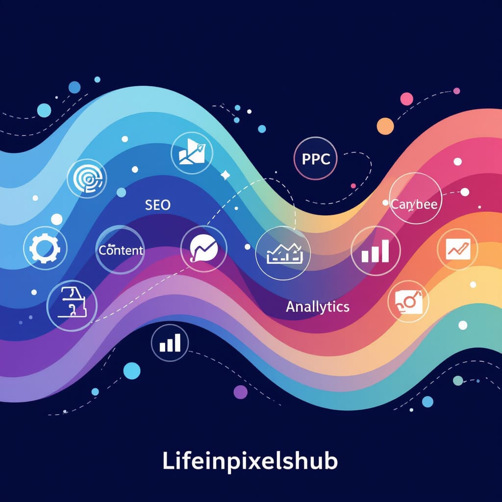 A dynamic banner featuring abstract digital waves in gradient brand colors across a 16:9, 4K canvas. Icons for SEO, PPC, content, and analytics are seamlessly integrated into the flowing waves.