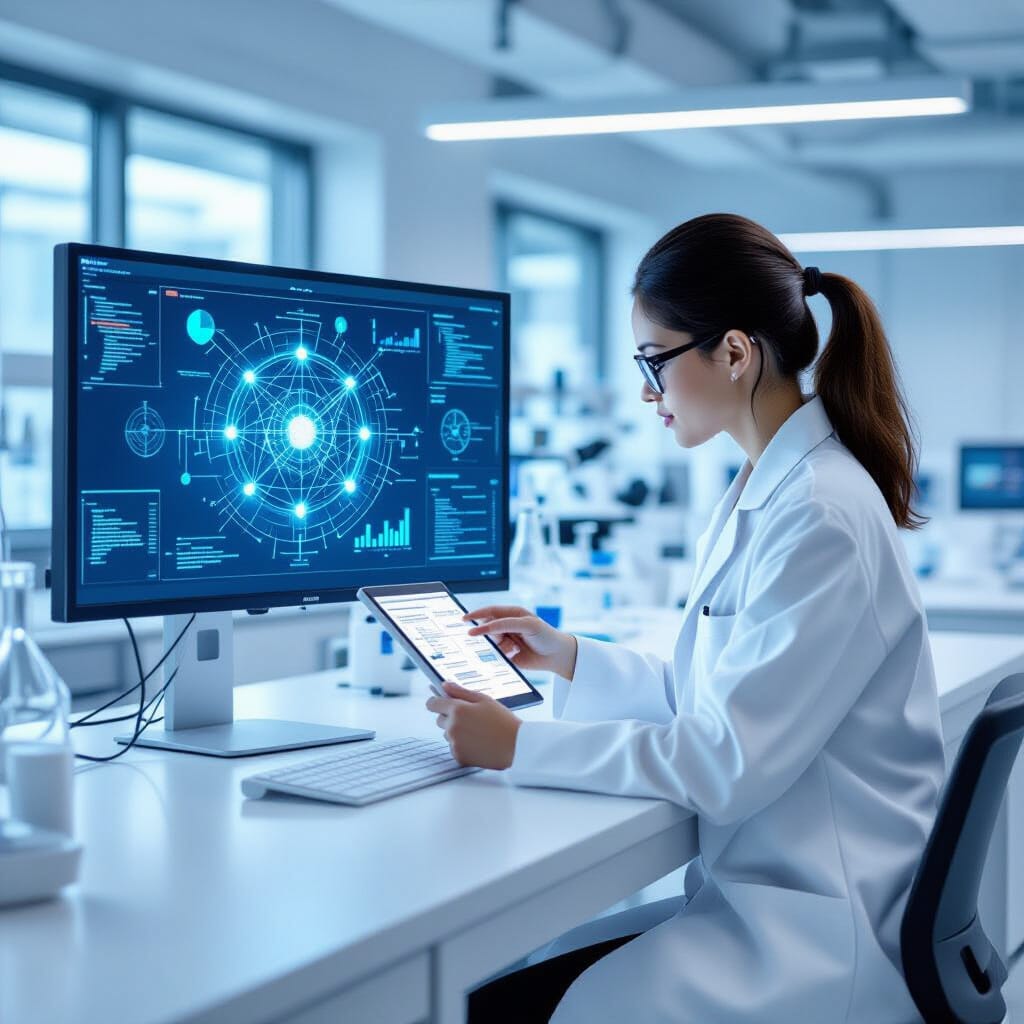 A researcher in a lab coat analyzes experimental results on a tablet, overlaid with a conceptual diagram of a novel ML architecture, in a modern lab environment with equipment in the background. This is presented with an academic conference poster vibe, featuring a high-resolution poster on a stand with charts and abstracts, in a bright, professional hall. A dynamic virtual collaboration scene unfolds with multiple screens showcasing collaborative notebooks, code diff views, and annotated graphs, set within a warm, inviting lab/office. Rendered in a 3D anime art style inspired by WLOP and Genshin Impact, on Artstation, pixiv. Extremely detailed aesthetic concept art with ultrafine detail, breathtaking, 8k resolution, achieving V-Ray tracing.