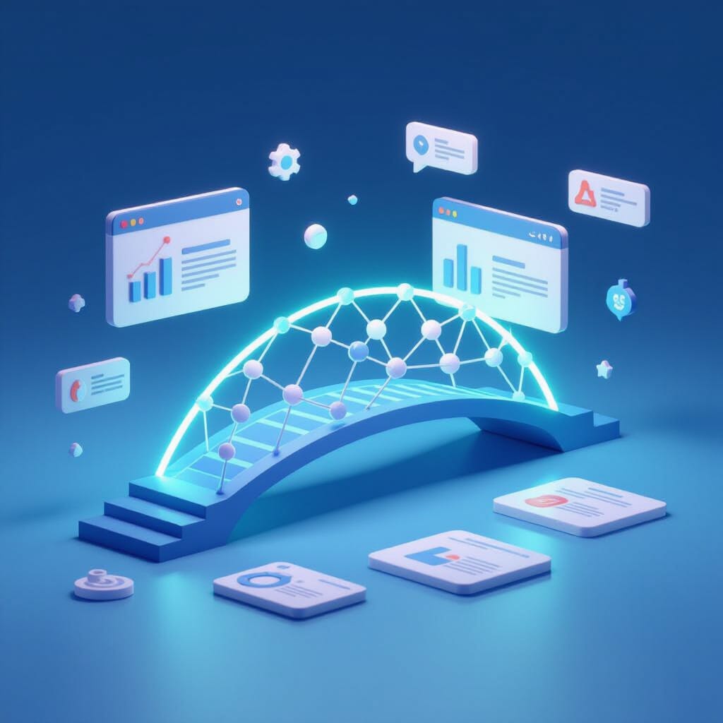 Minimalist 3D infographic, two floating website tiles connected by a luminous arc of interlinked web logos forming a bridge symbolizing backlinks, gradient glow from blue to emerald. Surrounding elements include small charts, anchor text labels, and "Topical Relevance" icons
