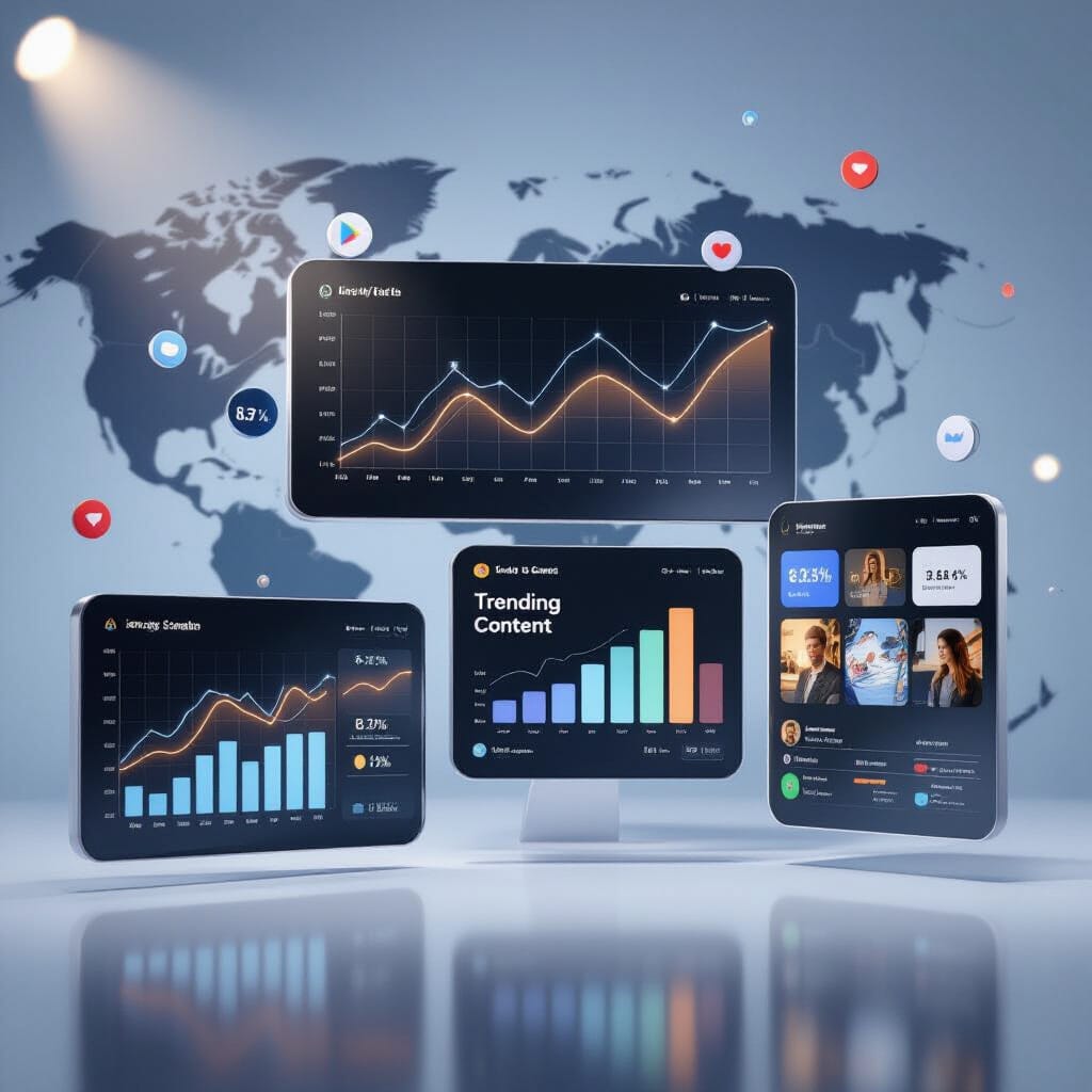 A photorealistic UI mockup with depth, showcasing multiple analytics panels in 3D space. Features include a line chart with a rising trajectory, a bar chart with tactile bars, a heatmap with embossed cells, and a "Trending Content" panel with thumbnails.