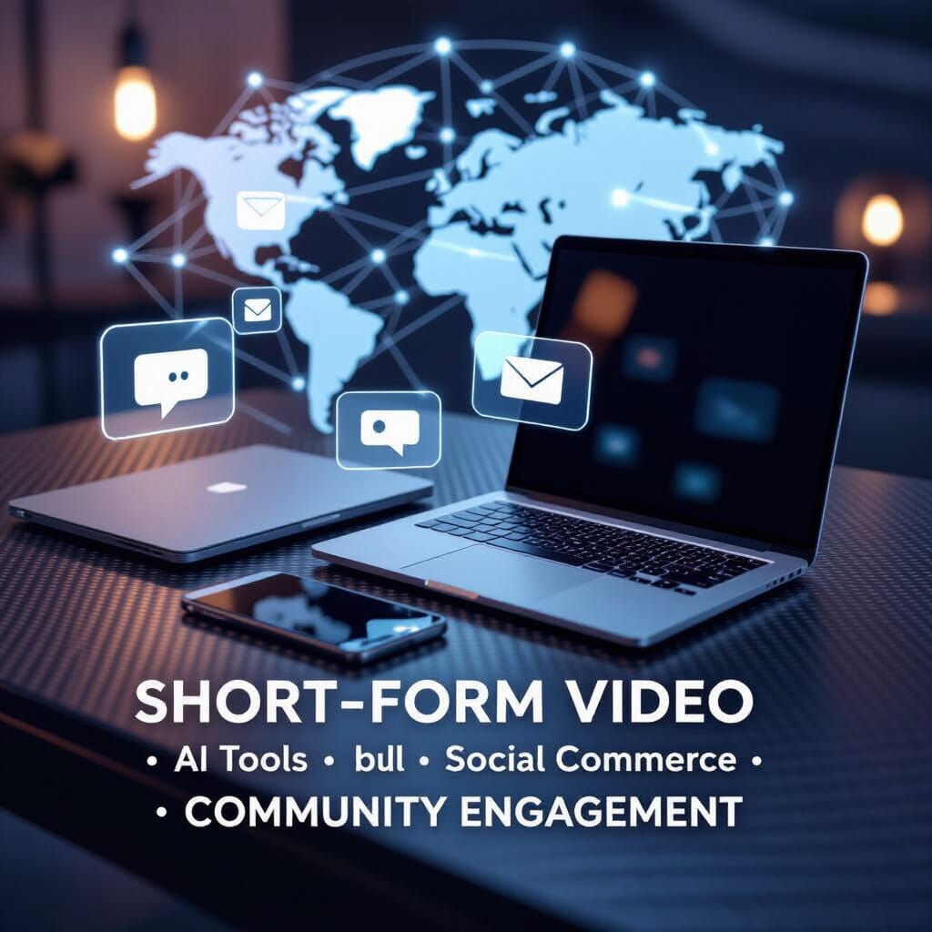 A cinematic, photorealistic top-down scene of a metallic laptop and a glass-screened phone resting on a richly textured, matte dark desk, possibly polished wood or carbon fiber. Translucent social media icons with subtle halos and micro-reflections float in 3D above them