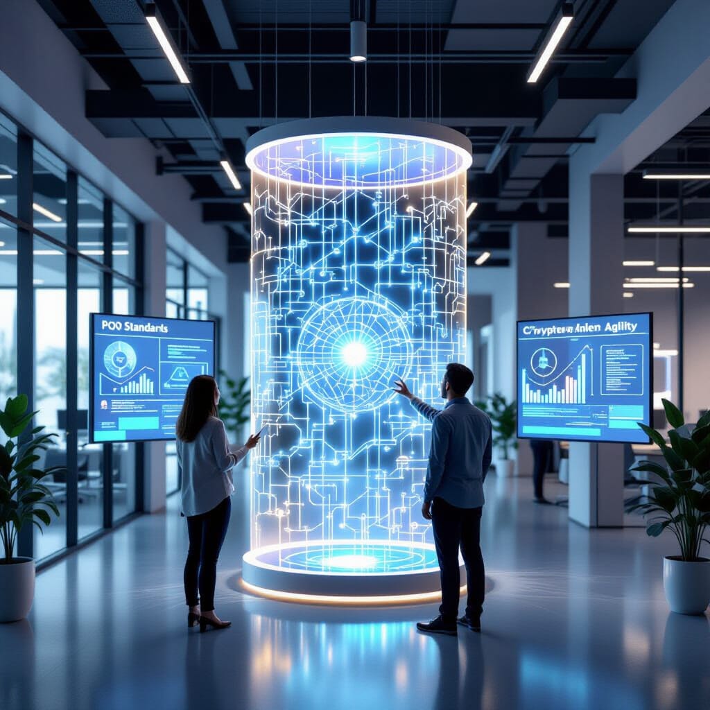 A corridor-like collaboration area in a tech campus office, featuring a tall, freestanding 3D gateway sculpture at the end composed of interlocking quantum circuit paths and a secure coding glyph set