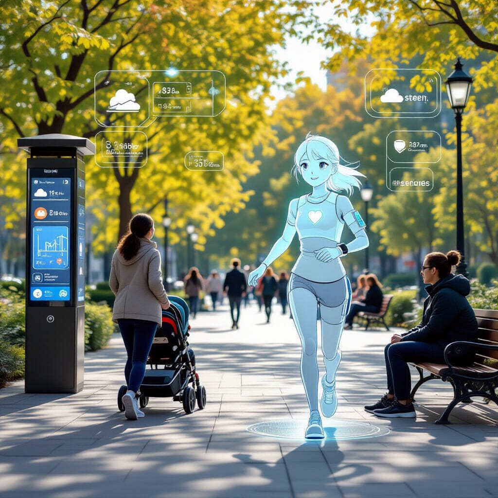 A jogger is being guided by a clear, friendly 3D anime avatar with a visible badge and a soft glow, projected from a wrist-worn AI assistant. Surrounding dynamic UI panels float, displaying weather, routes, and sponsor logos. Among the pedestrians are a parent with a stroller and a student on a bench.