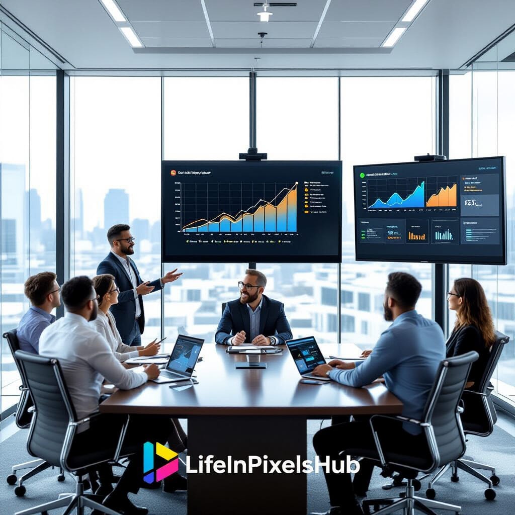 A speaker presents on a wall screen displaying a prominent growth chart and system diagram, with a secondary monitor at the table showing a similar data visualization. Several team members are engaged