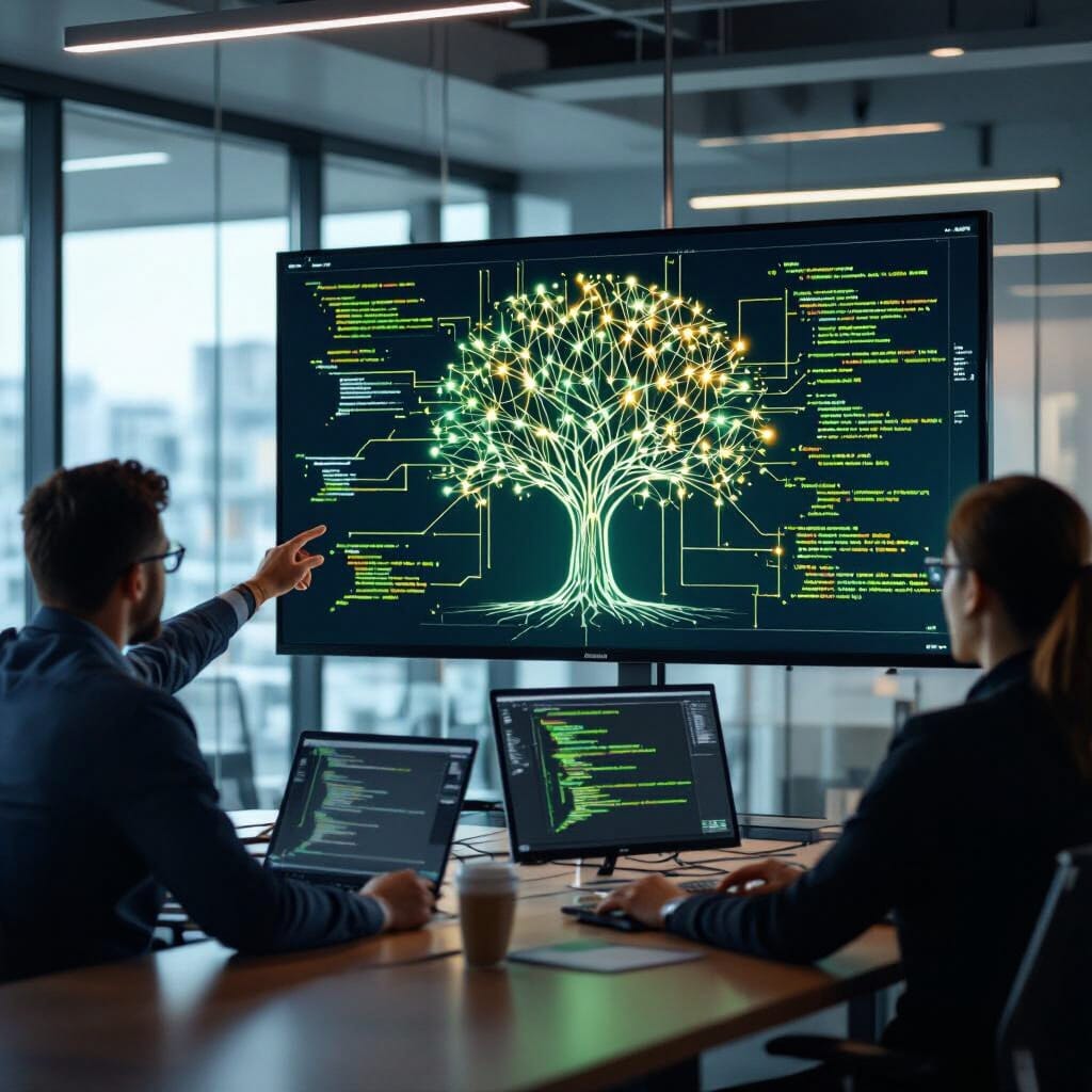 A neural-network tree integrated into a modern codebase displayed on a high-resolution monitor wall; leaves are tokens, branches refactor suggestions