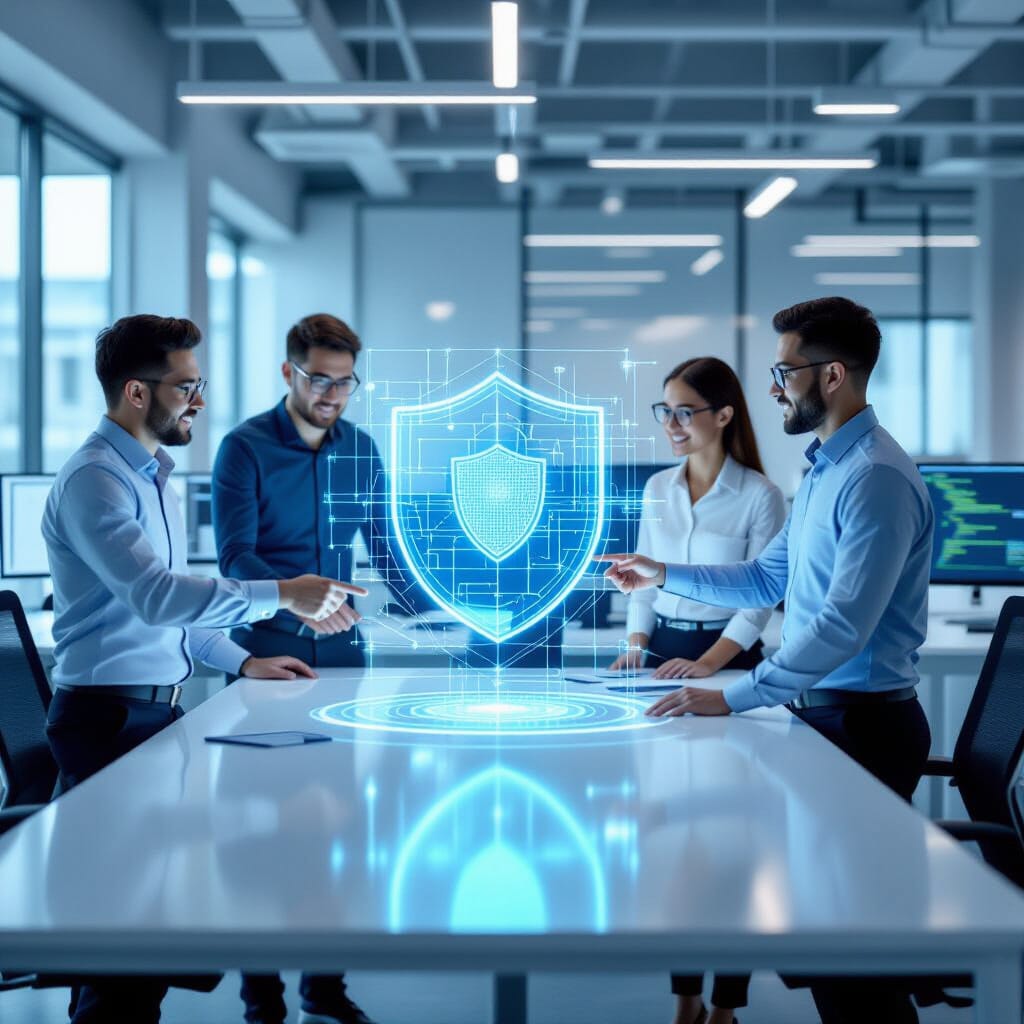 Three tech professionals, two men and one woman, collaborate around a holographic projection table in a bright, open-plan tech office with glass-walled meeting rooms, white desks, and large monitors.