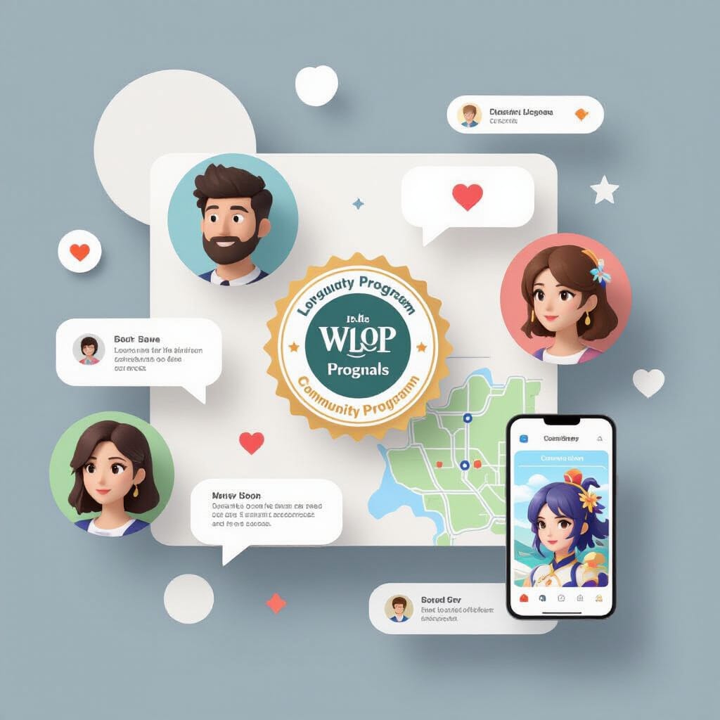 Editorial collage featuring a clean, modern grid with overlapping elements. Circular portraits of diverse faces merge with speech bubbles containing comments, a central loyalty program badge, and a smartphone displaying a community poll. Soft map motif and subtle brand textures form the background