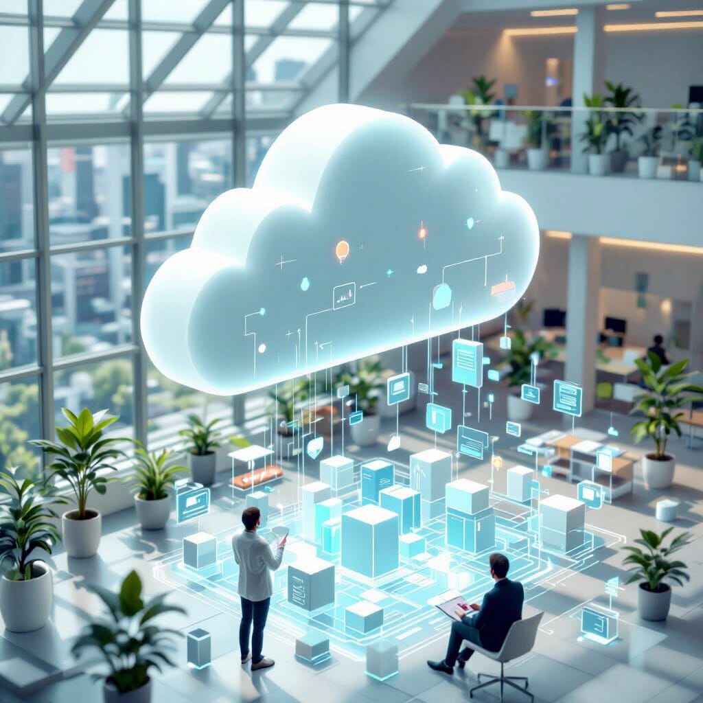 A cloud-shaped AI coach hovering above a cityscape of code blocks within a modern corporate campus atrium. Composition