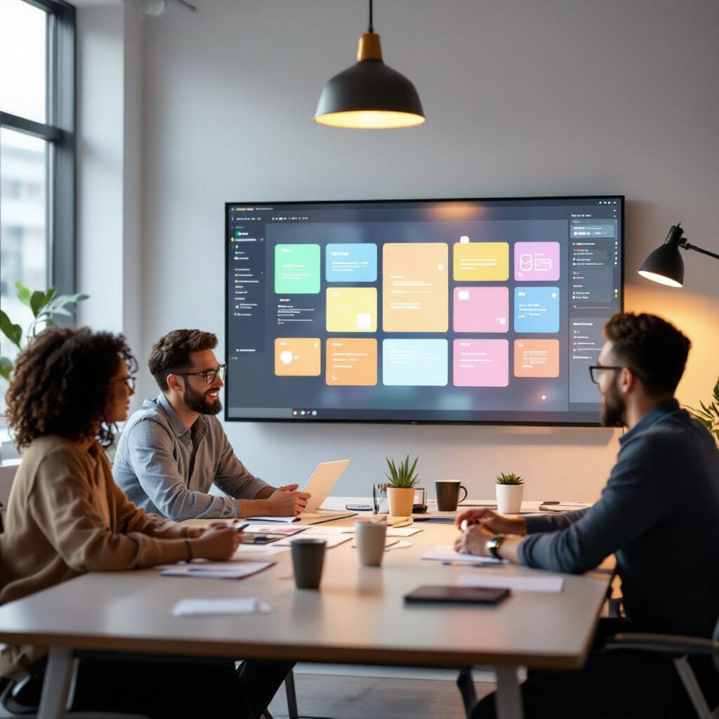 A team of designers around a conference table with a large touch-enabled wall displaying draggable tiles forming an app mockup