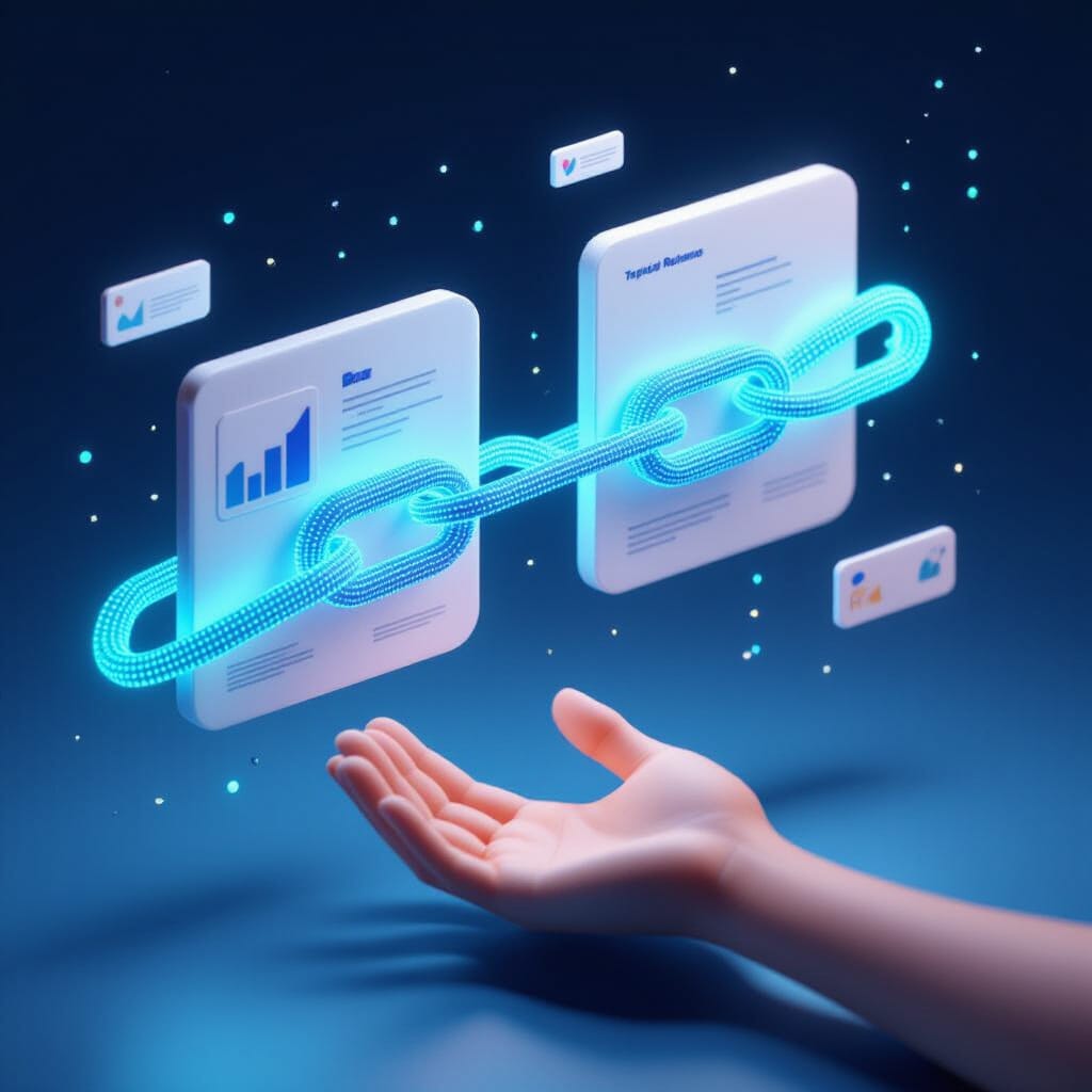 Isometric view of two floating website tiles connected by a glowing blue-to-emerald gradient backlink chain with subtle particle specks. Tiny charts, anchor text banners, and "Topical Relevance" glyphs are visible on the tiles. A resting hand is in the foreground