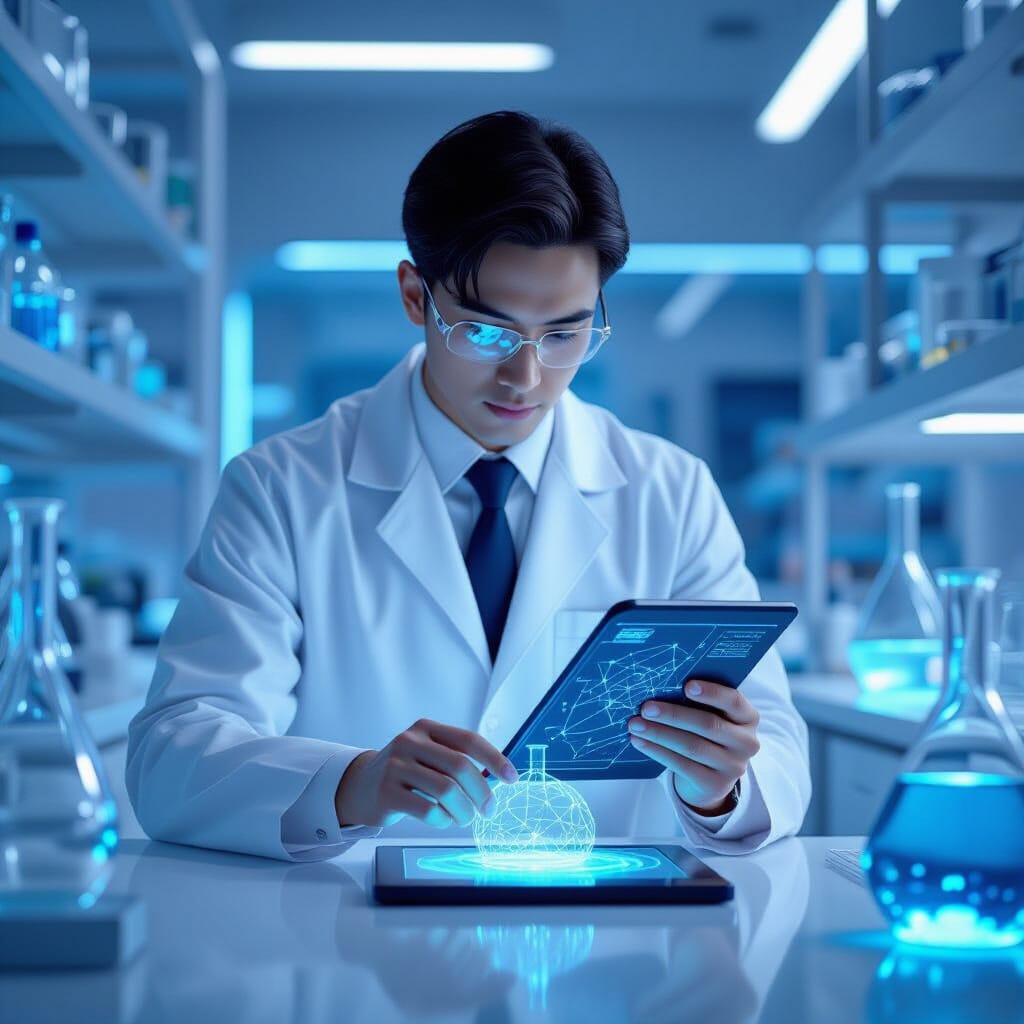 A researcher in a pristine lab coat diligently analyzes experimental results on a futuristic tablet, the screen vividly displaying a conceptual diagram of a novel ML architecture. The modern lab setting features sleek equipment and sterile surfaces, bathed in soft, ambient light. The composition is meticulous, with exceptional detail in textures of the lab coat, tablet screen, and metallic equipment. This is rendered in a breathtaking 3D anime art style.
