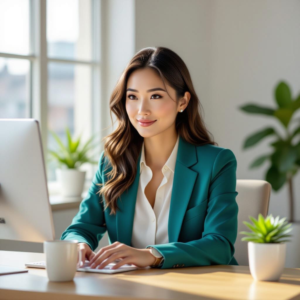 A beautiful, confident woman of East Asian descent sits at a clean, natural wood desk in a bright, serene office.