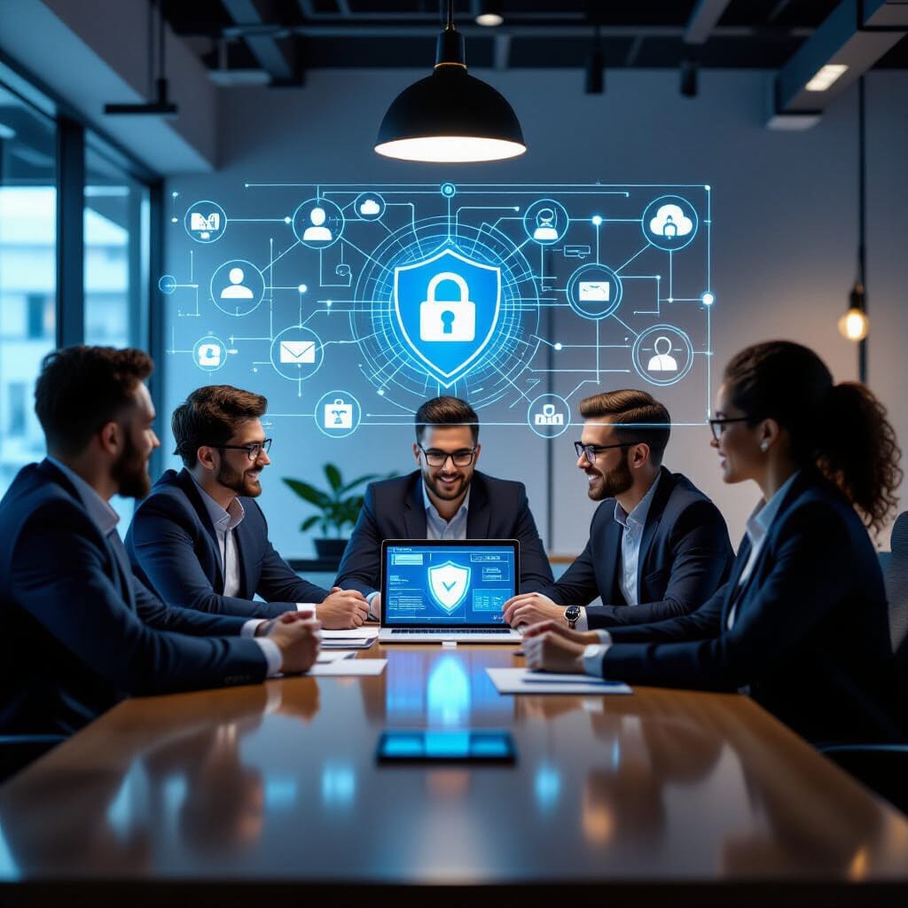 in the imge a team of tech guys discussing about cyber security in the office