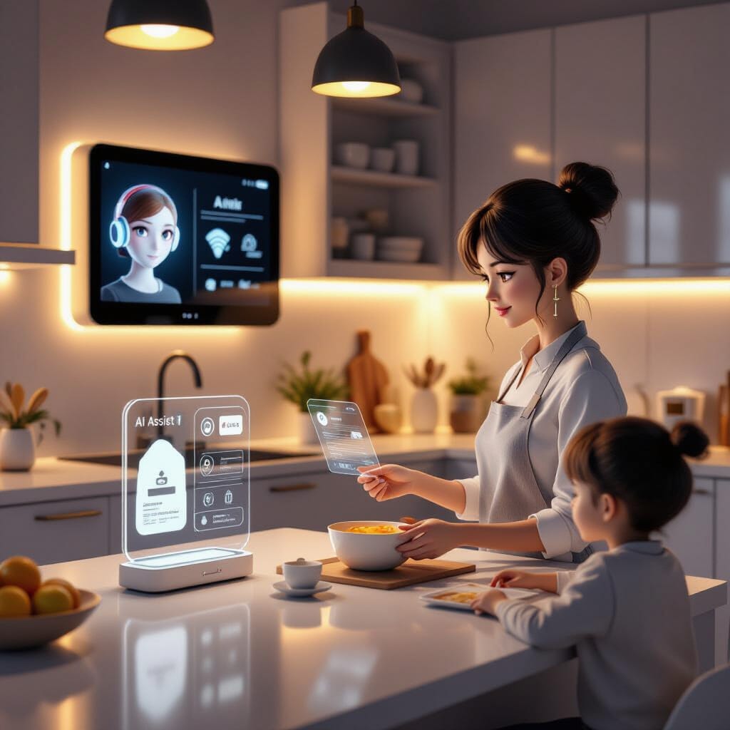 A prominent 3D avatar with a subtle glow and "AI Assist" badge is seen. A home chef follows a holographic recipe card close-up; a child scans a barcode.