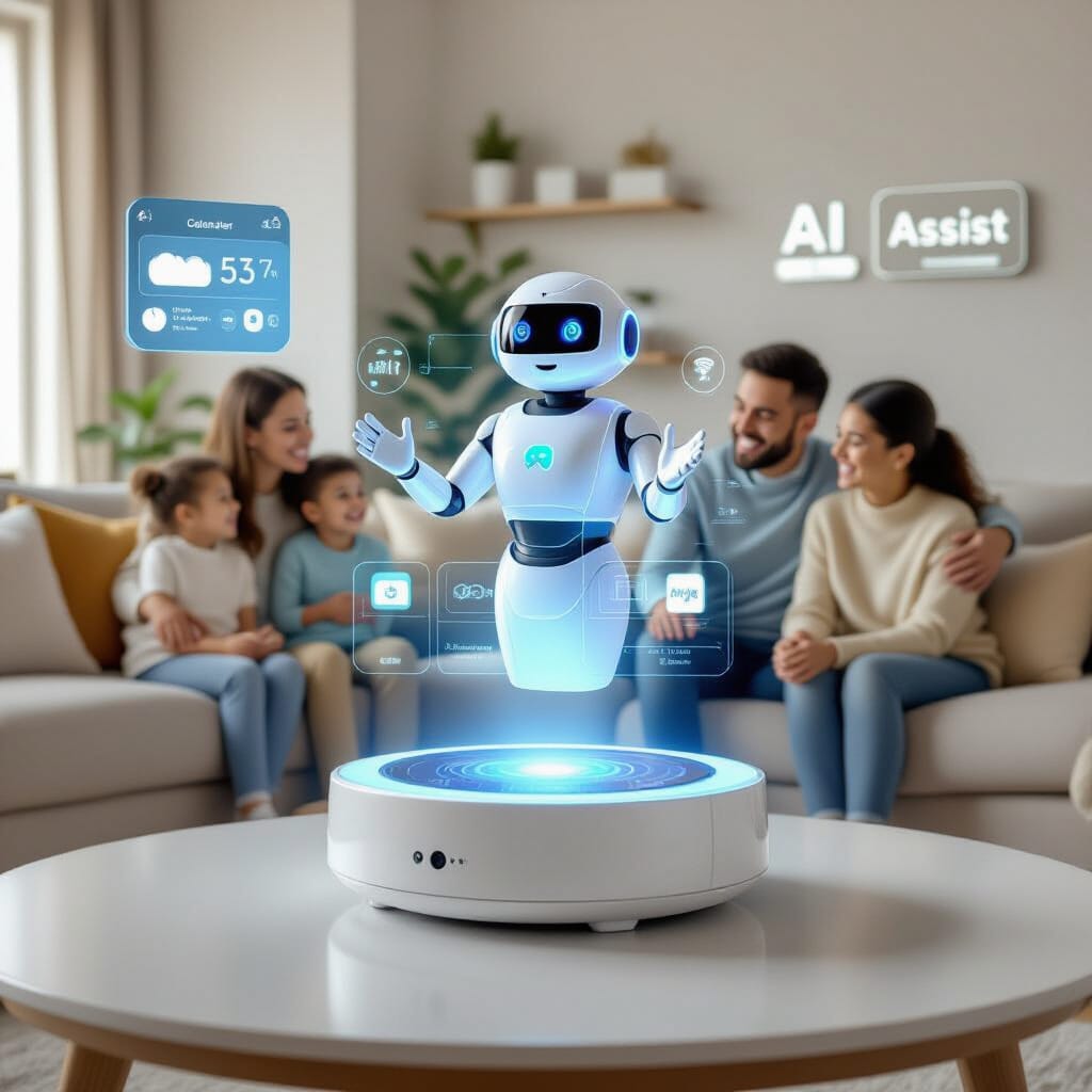 A photorealistic 3D scene of a bright, inviting living room with a warm palette of cream, light wood, and soft blues. A central holographic AI hub glows softly, displaying vivid 3D avatars for Siri and Alexa with subtle IT logos