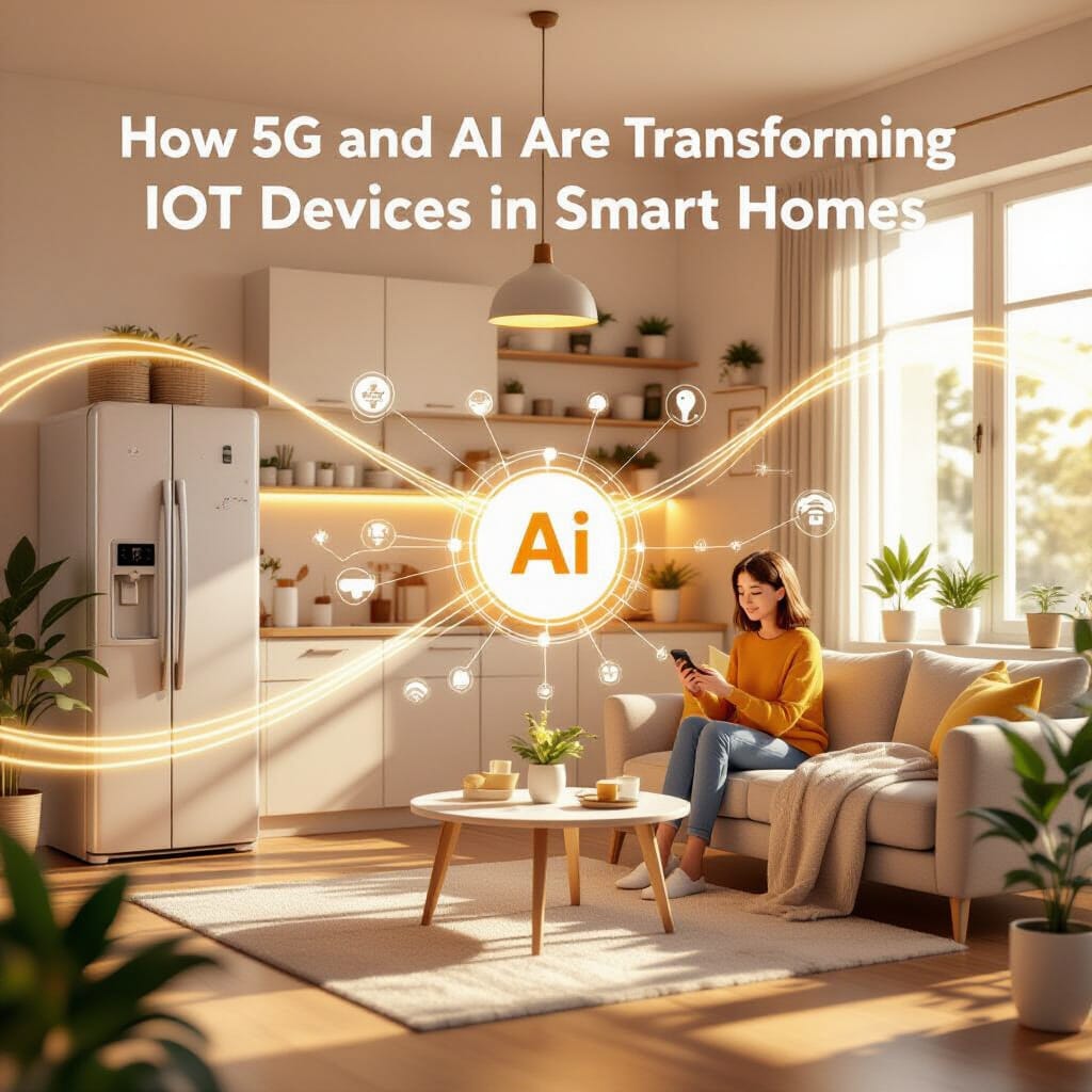 The title "How 5G and AI Are Transforming IoT Devices in Smart Homes" in a clean, friendly font is displayed prominently. A bright, sunlit living space with large windows glows with warm realism. Soft light ribbons depicting 5G/wireless mesh connect various smart devices, including a smart fridge, lighting, and climate control.