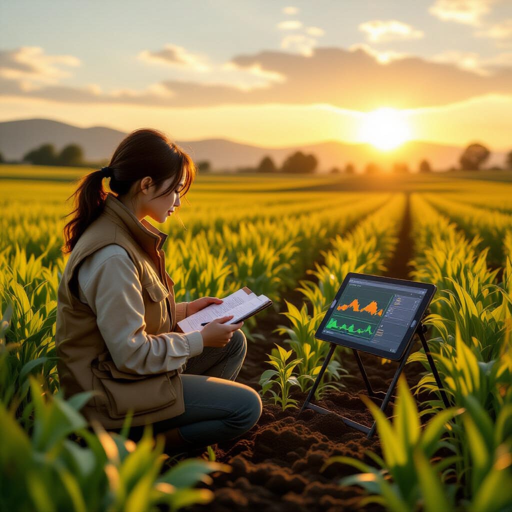 Realistic documentary, wide shot of a field researcher in a vest and notebook collecting data from farmers in a rural landscape at sunrise. A tablet shows live charts beside traditional farming tools. Greens, soil browns, and sunrise gold palette create narrative depth.