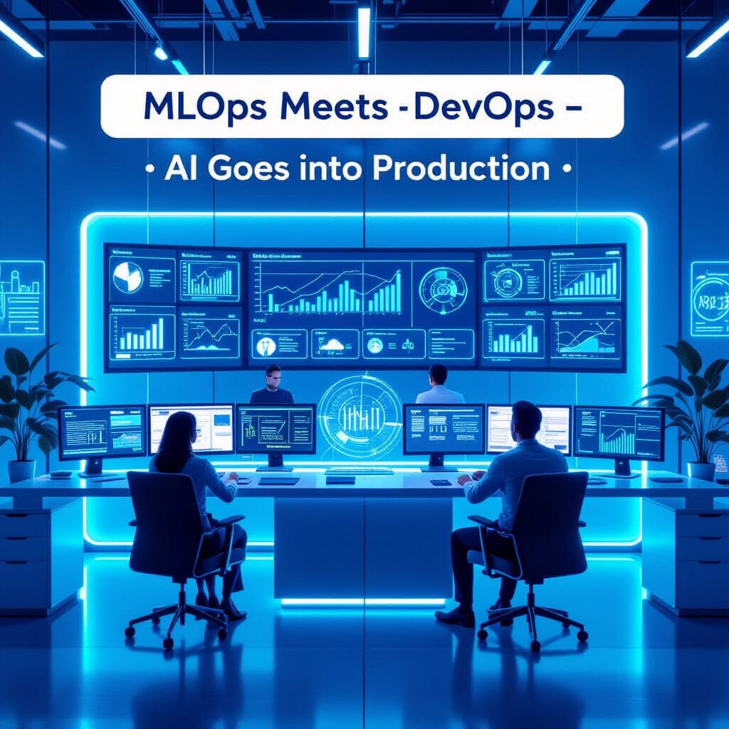 Photorealistic 3D render of a bright, modern operations room bathed in cyan and electric blue light, with a diverse team coordinating CI/CD for ML around a central console. Holographic UI panels display metrics, alerts, and rollback options, featuring subtle AI glow. Walls of monitors showcase ML pipelines