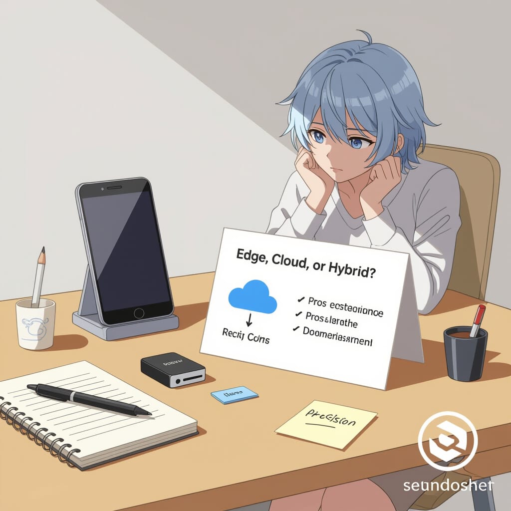 A minimalist, hand-drawn desk setup featuring a single phone, a notebook, a tiny edge device, and a sticky note with a cloud icon. A decision card in the center reads "Edge, Cloud, or Hybrid?" with handwritten pros/cons. A soft shadow of a contemplating figure is visible in the background. The color palette uses soft neutrals with a pop on the decision card.
