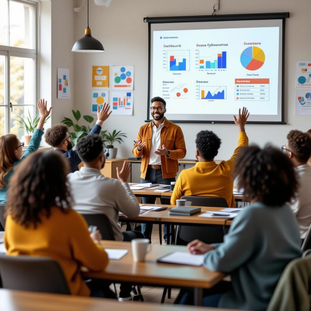 A warm documentary-style, medium-shot of a diverse group of adults in a cozy classroom, attentively participating in a workshop led by an instructor. Colorful, simple charts are projected, illuminating expressive faces as attendees raise hands with questions. Posters about dashboards and data literacy adorn the walls.