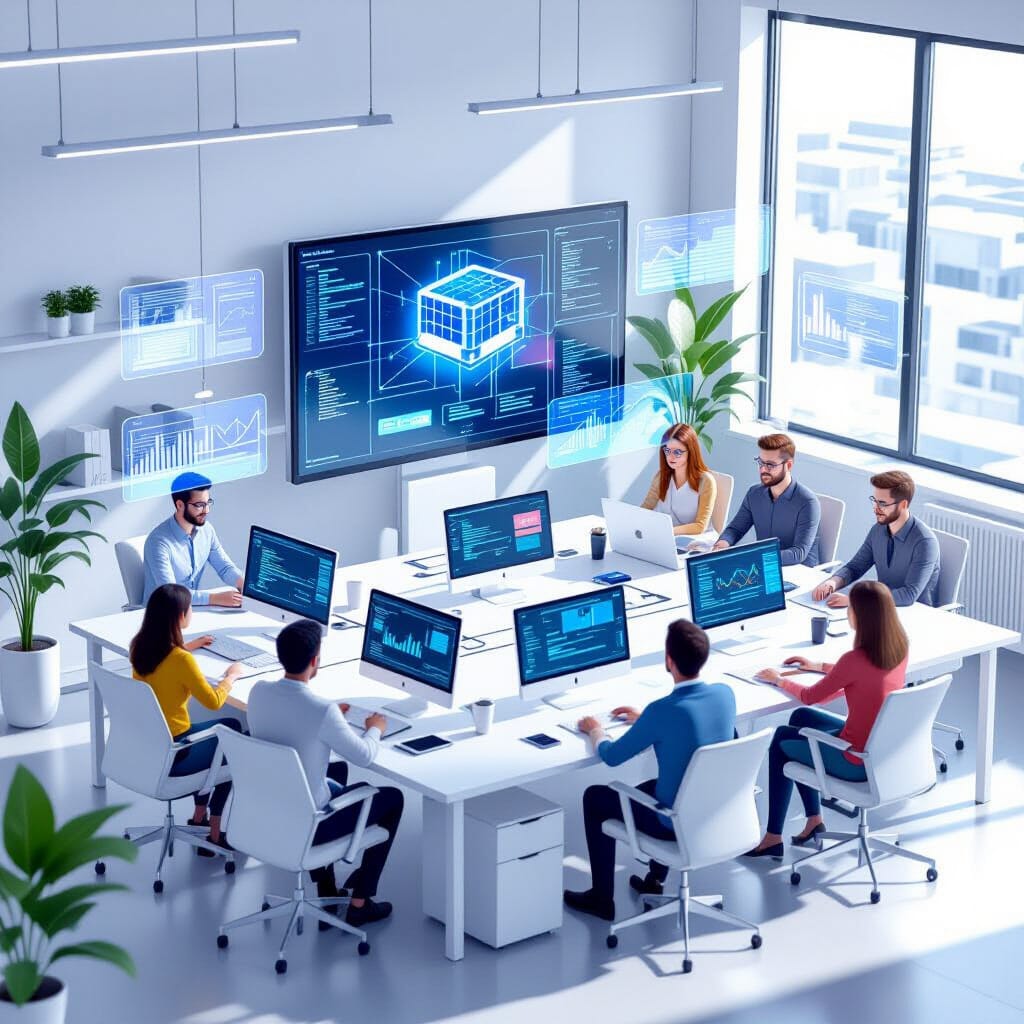 Isometric view of a bright, modern office with a diverse team of developers gathered around white desks. A large monitor displays a secure supply-chain diagram with dependency graphs and patch status, while a second screen shows automated tests. Holographic UI elements float subtly in the air.