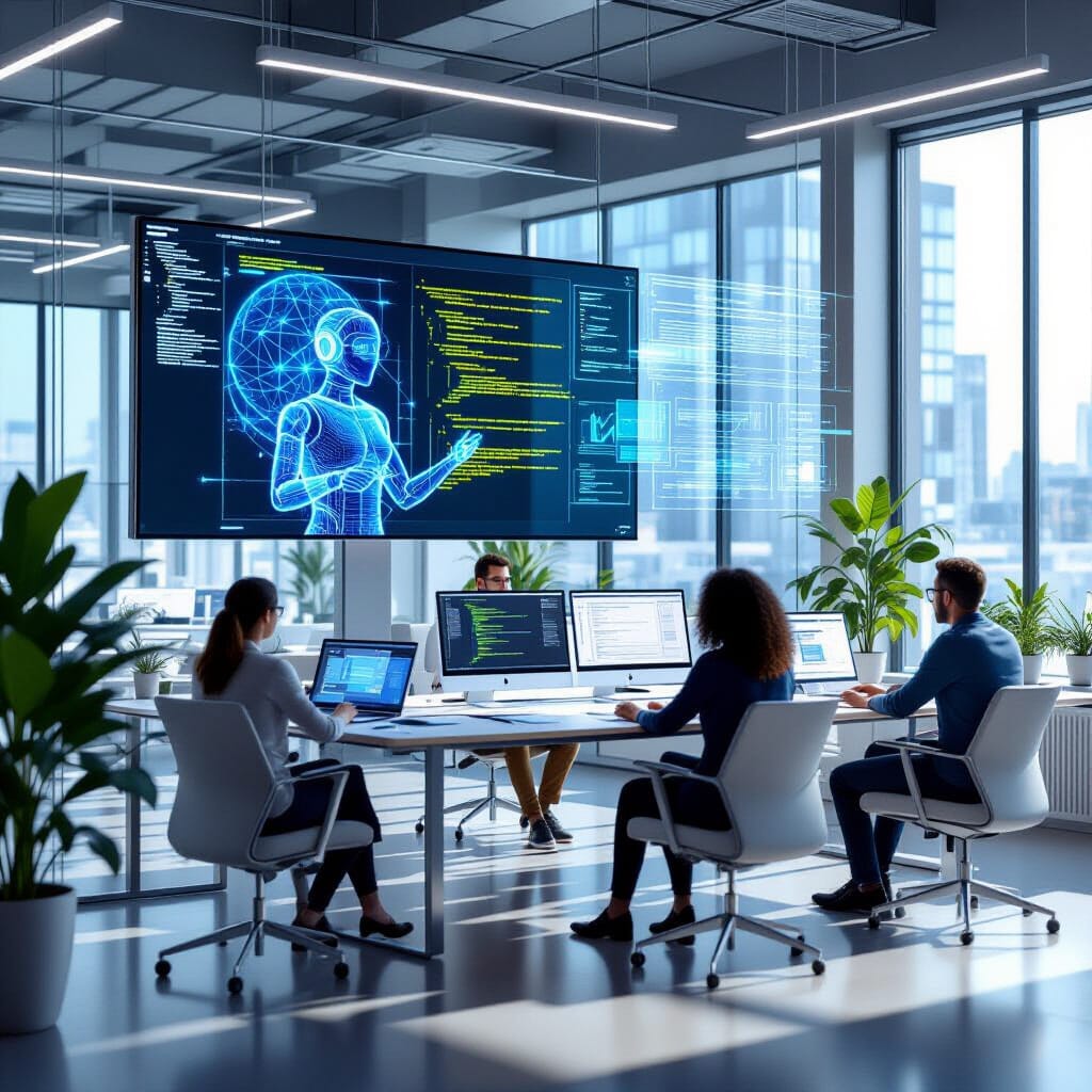 Photo-realistic 3D render of a bright, modern developer studio with an open work area and glass walls. A diverse team collaborates around a large code-focused desk, with a large monitor displaying an animated agentic AI assistant shaping code in real-time, featuring glowing neural overlays, live-coding dashboards, AI-generated suggestions, and automated tests flowing into the editor. Holographic UI panels float above the desk.
