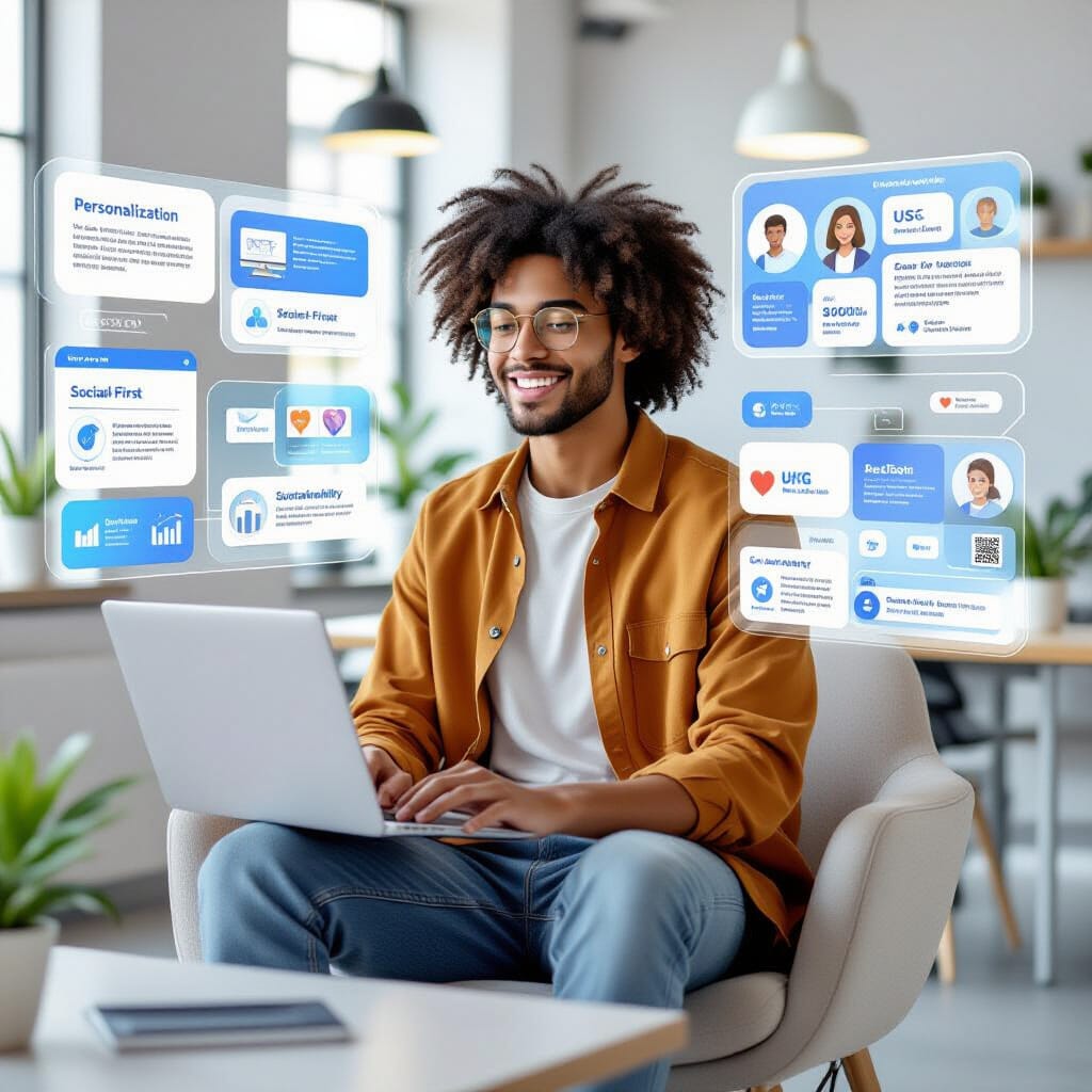 A hyper-realistic marketing strategy scene featuring a diverse Gen Z individual in a casual outfit, seated in a modern workspace, interacting with a laptop and tablet.
