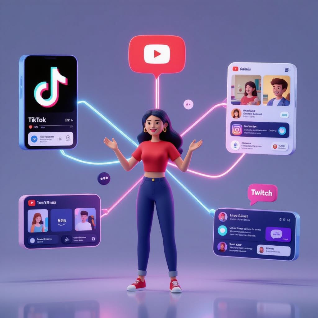Cross-platform ecosystem visualization for Gen Z marketing, concept art style. A central, diverse user is surrounded by four platform-specific insets: a vertical TikTok video on the left, a horizontal YouTube vignette on top, a social feed on the right, and a live chat from a streaming panel at the bottom. Connecting ribbons of light show seamless handoff and coherence of the creative system.
