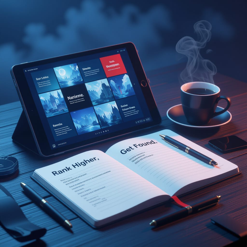 A moody, cinematic flat lay featuring a hero thumbnail grid on a tablet, a notebook with bold headings, and a caption card reading “Rank Higher, Get Found.” Subtle fog and vignette effects enhance the scene.