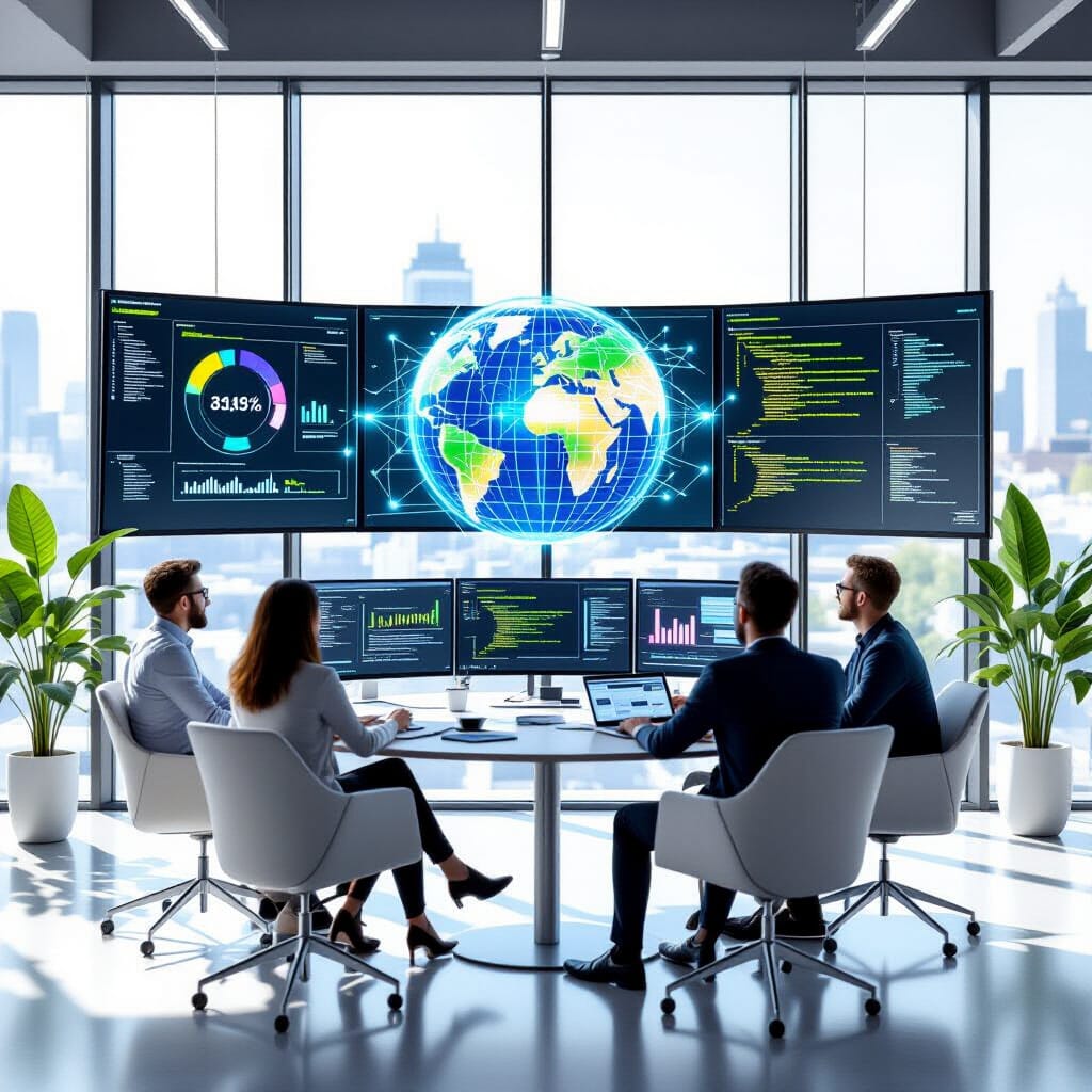 Photo-realistic 3D render of a bright, modern, open-plan developer office bathed in natural daylight, with glass walls and potted plants. A diverse team is gathered around a central table, reviewing security dashboards on a large monitor.