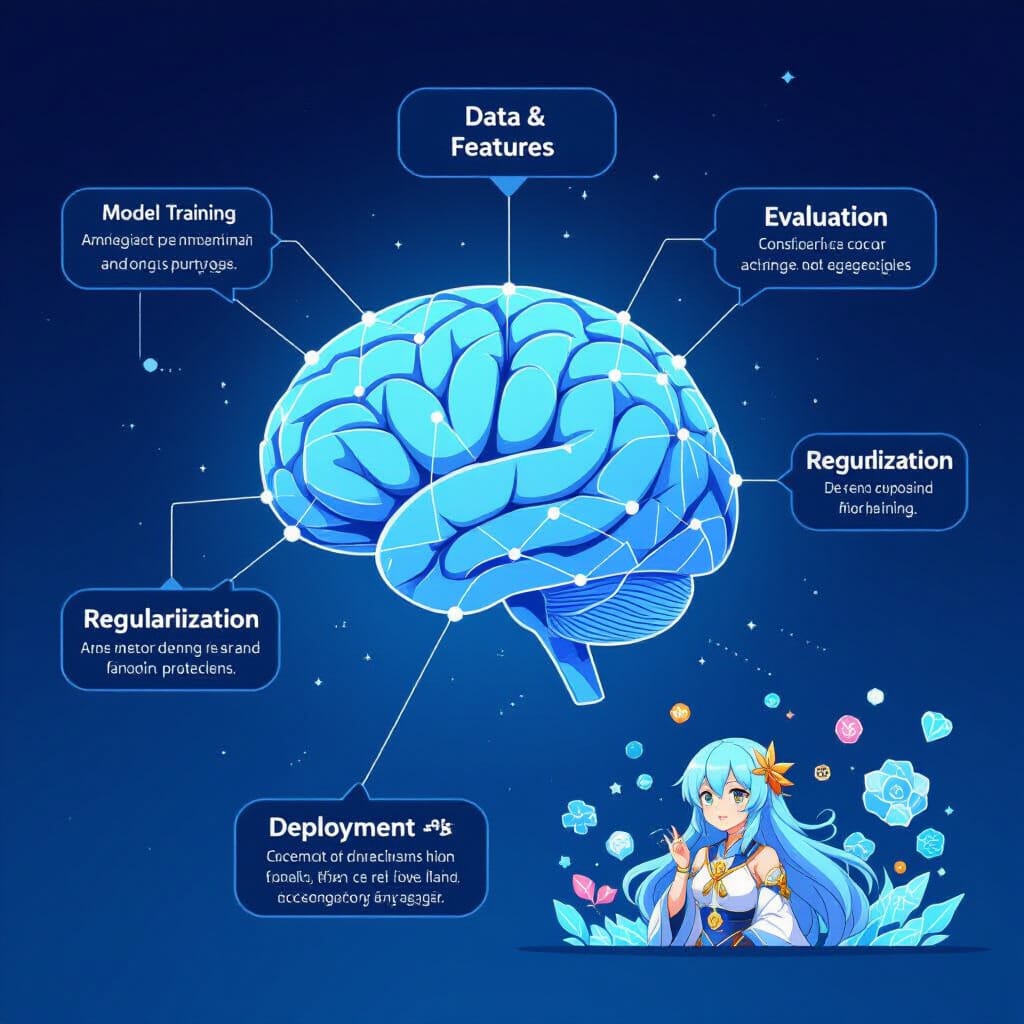 A central, stylized brain made of interconnected nodes, rendered in a clean vector illustration style. Five concept callouts extend from the brain: "Data & Features", "Model Training", "Evaluation", "Regularization", and "Deployment & Monitoring". Each callout has a concise label and short bullet points with one-liners.