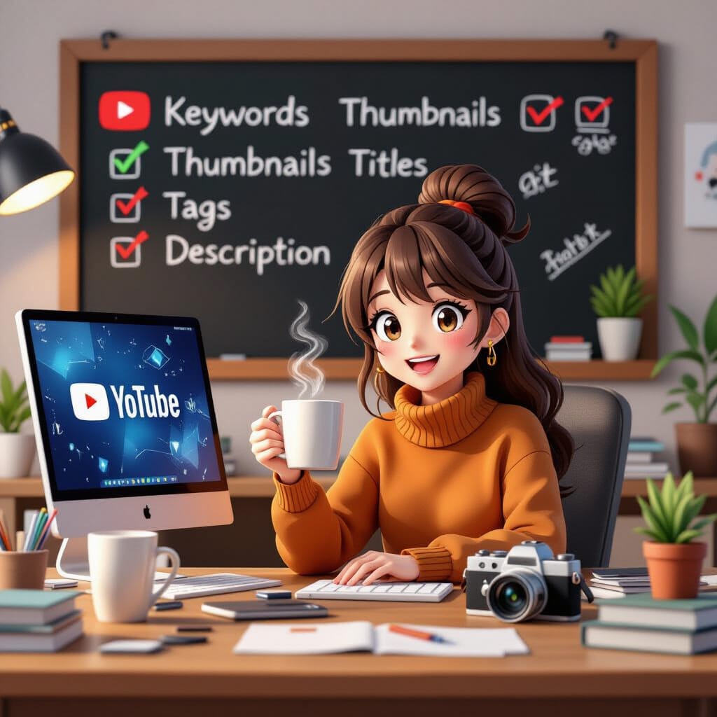 A cheerful creator sits at a cluttered desk with a coffee mug, camera, and a bright laptop screen displaying YouTube Studio. Behind them, a chalkboard lists actionable steps: Keywords, Thumbnails, Titles, Tags, Description, with hand-drawn checkmarks.