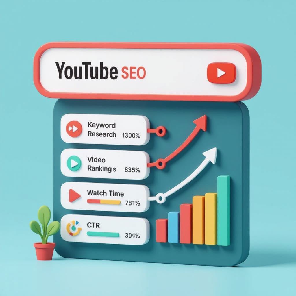 Vector illustration infographic with a large search bar at the top reading "YouTube SEO." Below, a vertical column of interconnected icons: keyword research, video ranking, watch time, and CTR, each with data bars and upward arrows indicating growth.