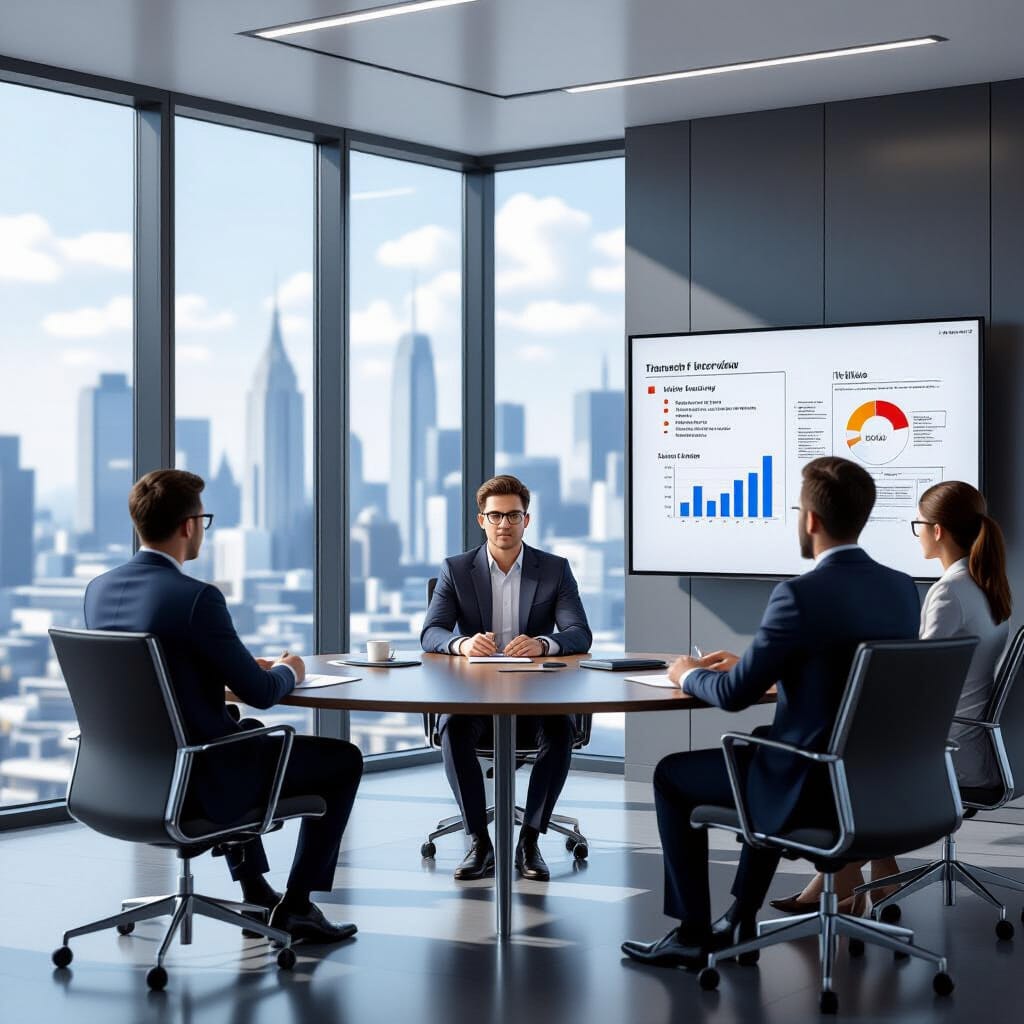 A tense panel interview in a modern corporate boardroom, realistic editorial style. A male candidate sits upright, answering questions, seen in a three-quarter view, with three executives listening intently, their faces in profile. A large window reveals a detailed cityscape.