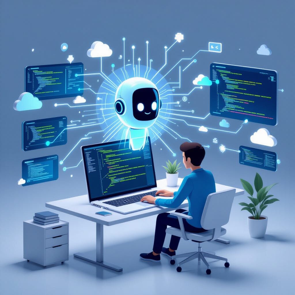 Isometric, clean, conceptual scene showing a developer at a laptop with an ethereal agentic AI avatar hovering above code, cyan and electric blue arrows stream from AI to the editor indicating auto-suggestions, test generation, and refactoring; a translucent tunnel of code snippets and API calls surrounding the workspace; background hints of cloud servers and data pipelines; bright, airy color palette with white and light gray walls. Modern vector/3D blend with flat shading and subtle glow, neon circuitry accents.