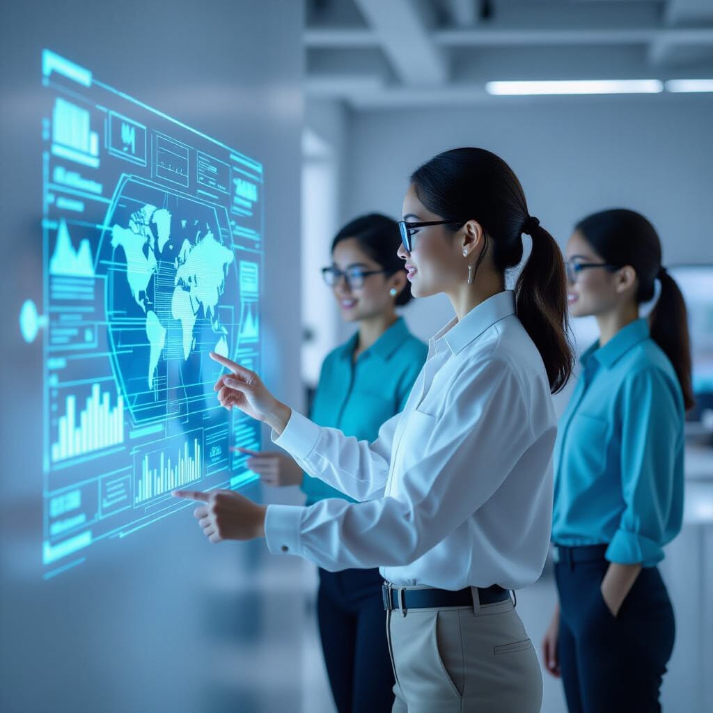 A marketer in a field office, wearing a crisp white shirt and khakis, uses a portable holo-dock to project a vibrant emerald and ultramarine GEO analytics interface onto an offwhite wall. Two colleagues, rendered as dynamic anime avatars in the same emerald and ultramarine color scheme