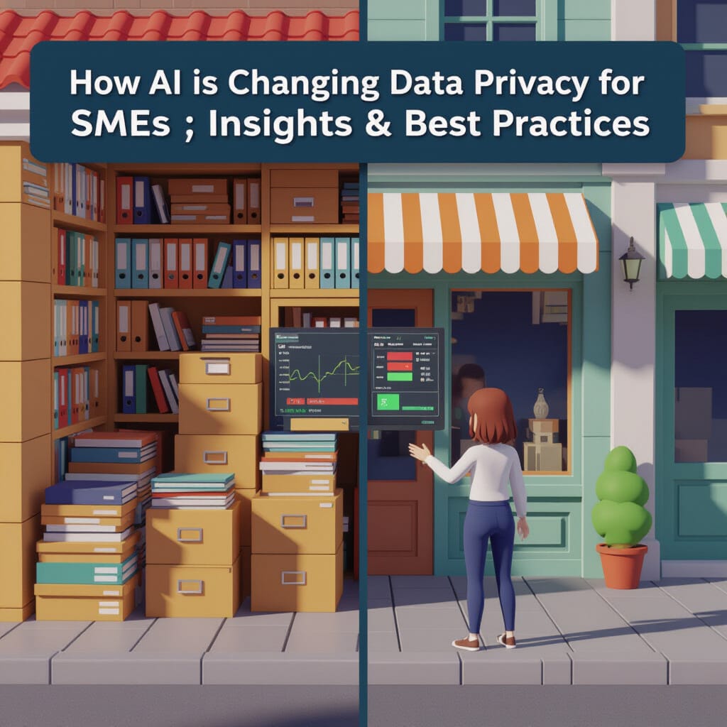 Split-screen image, 16:9 aspect ratio, flat design with subtle shadows. Left side: a traditional data room filled with stacks of physical files and filing cabinets. Right side: an AI-driven data privacy dashboard displaying red, amber, and green risk indicators for data security.