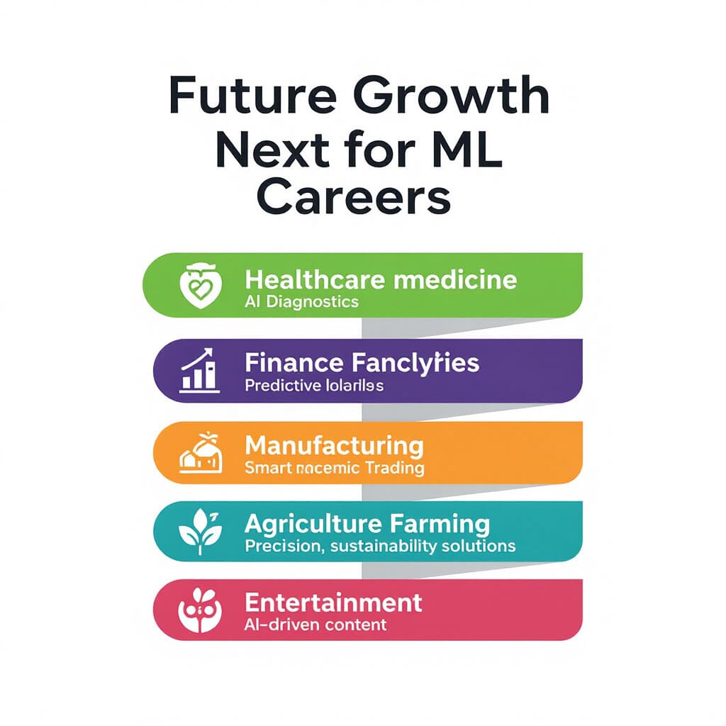 A bold, vertical infographic banner titled “Future Growth: What’s Next for ML Careers” at the top in a modern sans-serif font. Split into five horizontal bands: Healthcare with a green accent, Finance with a purple accent, Manufacturing with an orange accent, Agriculture with a teal accent, and Entertainment with a magenta accent. Each band features an icon, sector label, and bullet-style highlights: Healthcare: personalized medicine, AI diagnostics; Finance: predictive analytics, algorithmic trading; Manufacturing.