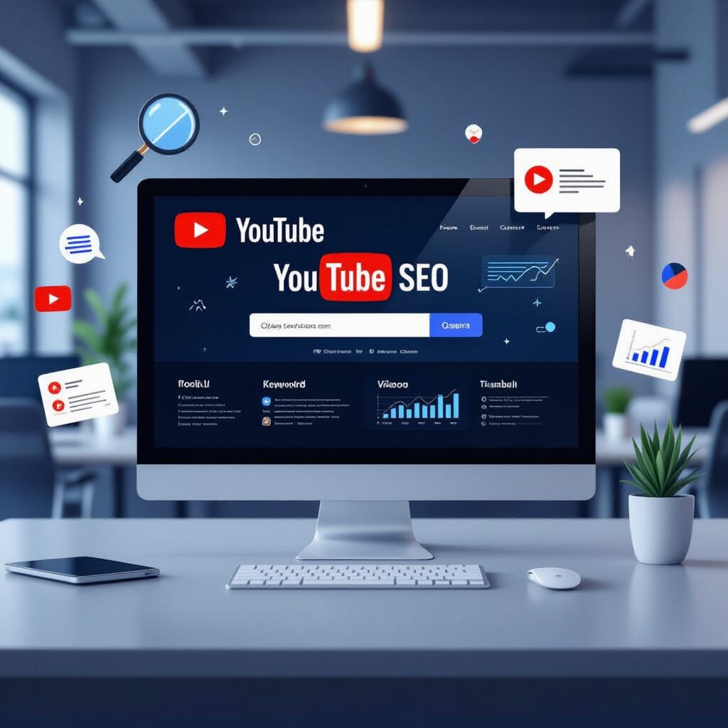 A sleek, modern workspace featuring a computer monitor displaying a YouTube analytics dashboard and a search bar labeled "YouTube SEO".