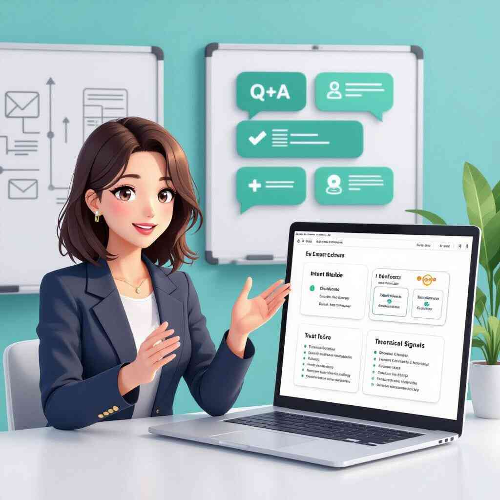 A single frame, 4:5 aspect ratio, capturing a confident, approachable woman mid-discussion, with a whiteboard on one side and a laptop displaying a SERP screenshot on the other, creating a "video call vibe." The whiteboard shows Q&A blocks, intent matrices, and a "trust score" badge, enveloped in soft teal shadows. The laptop screen reveals keyword clusters and a technical signals checklist.