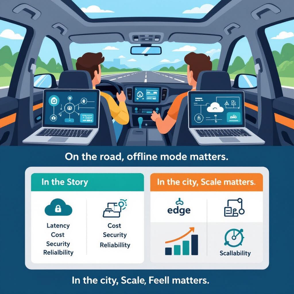 traveler’s day, data-flow scene. A startup team on a road trip in a car interior, two laptops open. One laptop displays edge inference icons, the other shows cloud dashboards. A captioned mini-story reads: “On the road, offline mode matters.” followed by a switch to “In the city, scale matters.
