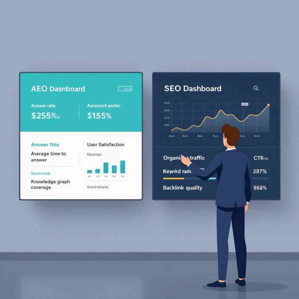 Corporate business leader gesturing at two side-by-side wall-mounted displays comparing AEO and SEO dashboards. AEO dashboard displays "Answer rate," "Average time to answer," "User satisfaction," "Knowledge graph coverage" in teal/blue.
