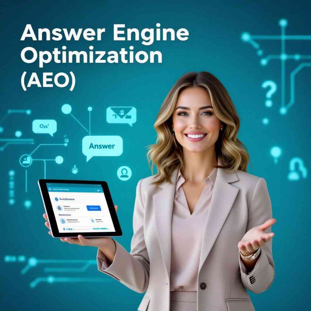 A confident, attractive woman in her early 30s with shoulder-length wavy hair and light makeup, natural glow, stands centered against a tech-inspired background, a soft gradient from cool blue to teal with subtle abstract circuitry and floating question, answer, and search analytic icons. She wears a muted blazer and pastel blouse, exuding approachable professionalism. In one hand she holds a sleek tablet displaying an open Q&A interface